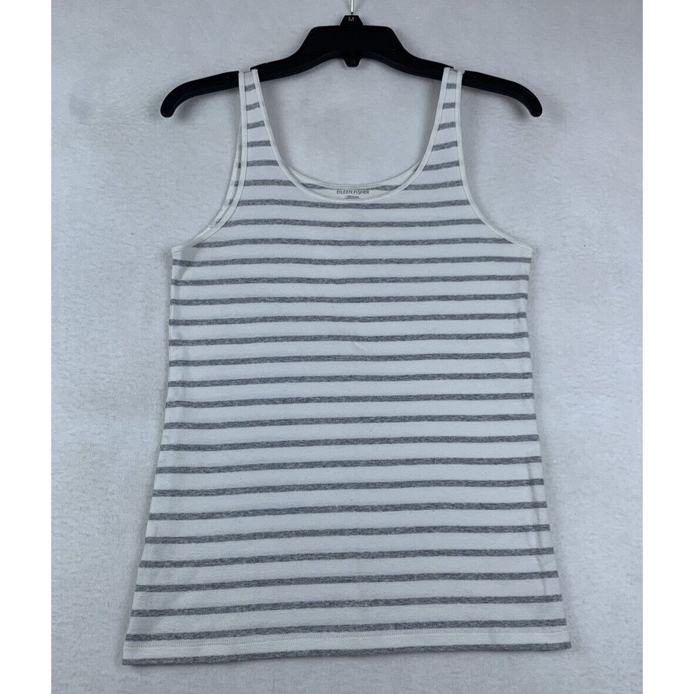 Eileen Fisher Womens Striped Organic Cotton White Gray Tank Size Medium